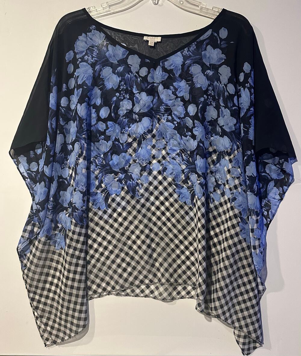 Talbots Women's Geometric Short Sleeve Pullover Poncho Top Blue Size S/M Floral